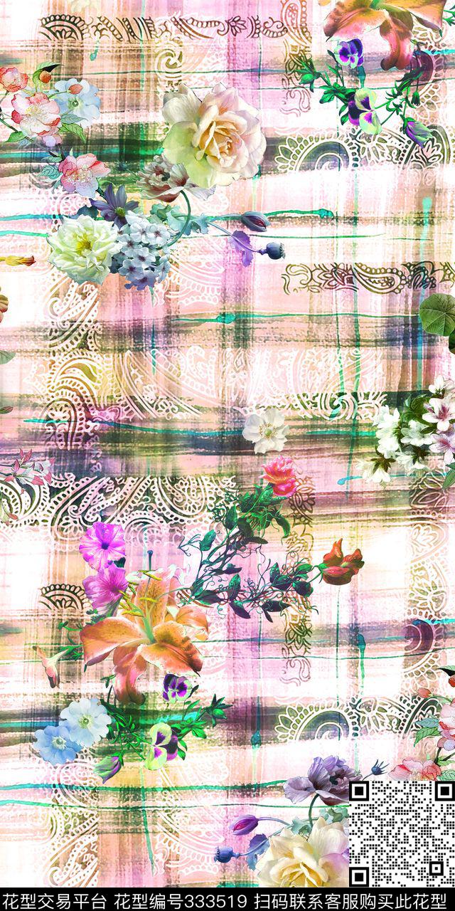 花卉格子几何数码印花华亿平台下载（图片编号: 333519） - 瓦栏（Walan）