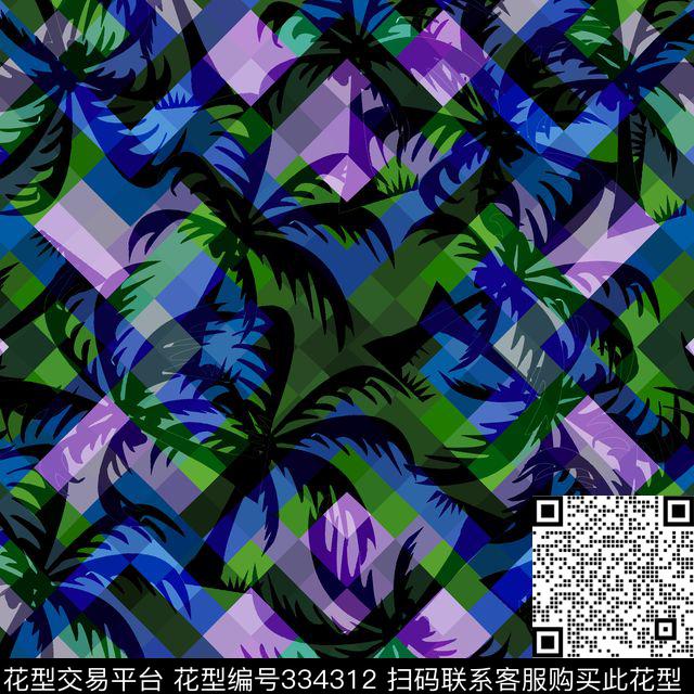 棕榈叶椰树几何格子传统印花华亿平台下载（图片编号: 334312） - 瓦栏（Walan）