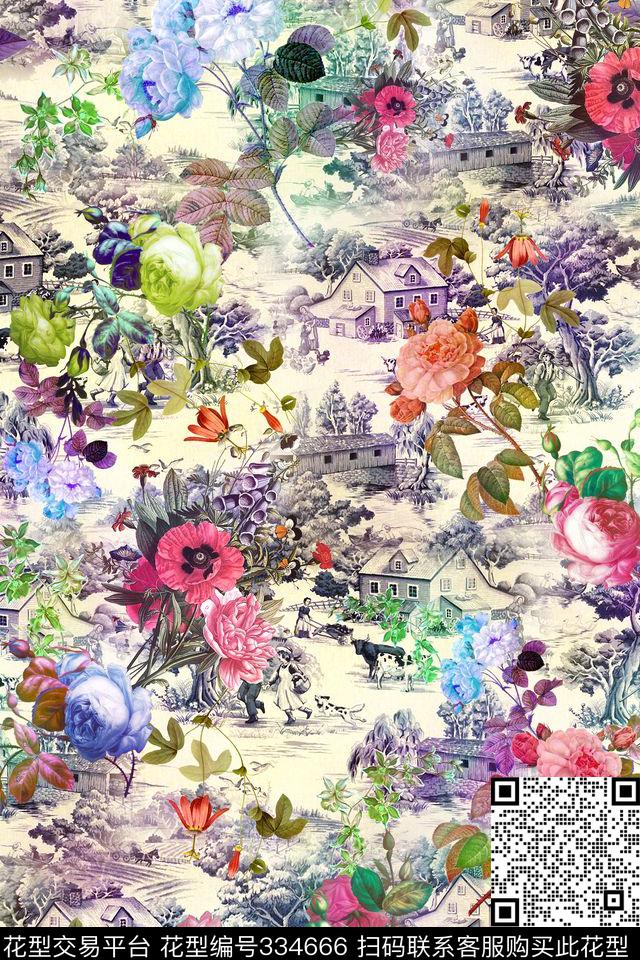 花卉风景数码印花华亿平台下载（图片编号: 334666） - 瓦栏（Walan）