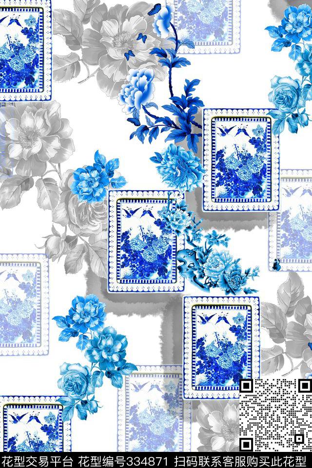 工笔花卉青花瓷中国风数码印花华亿平台下载（图片编号: 334871） - 瓦栏（Walan）