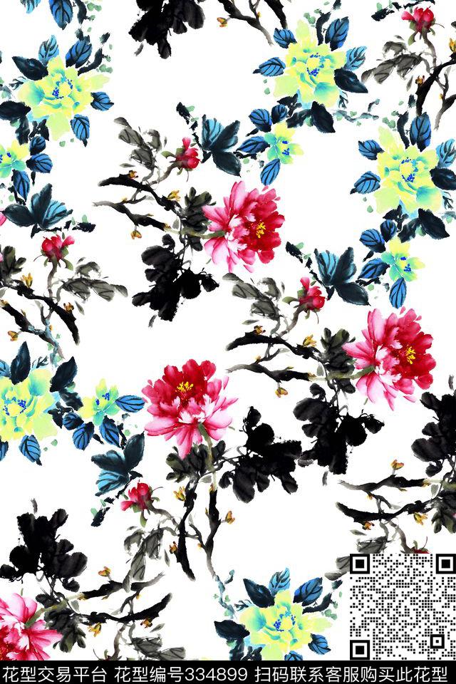中国风水墨花卉数码印花华亿平台下载（图片编号: 334899） - 瓦栏（Walan）