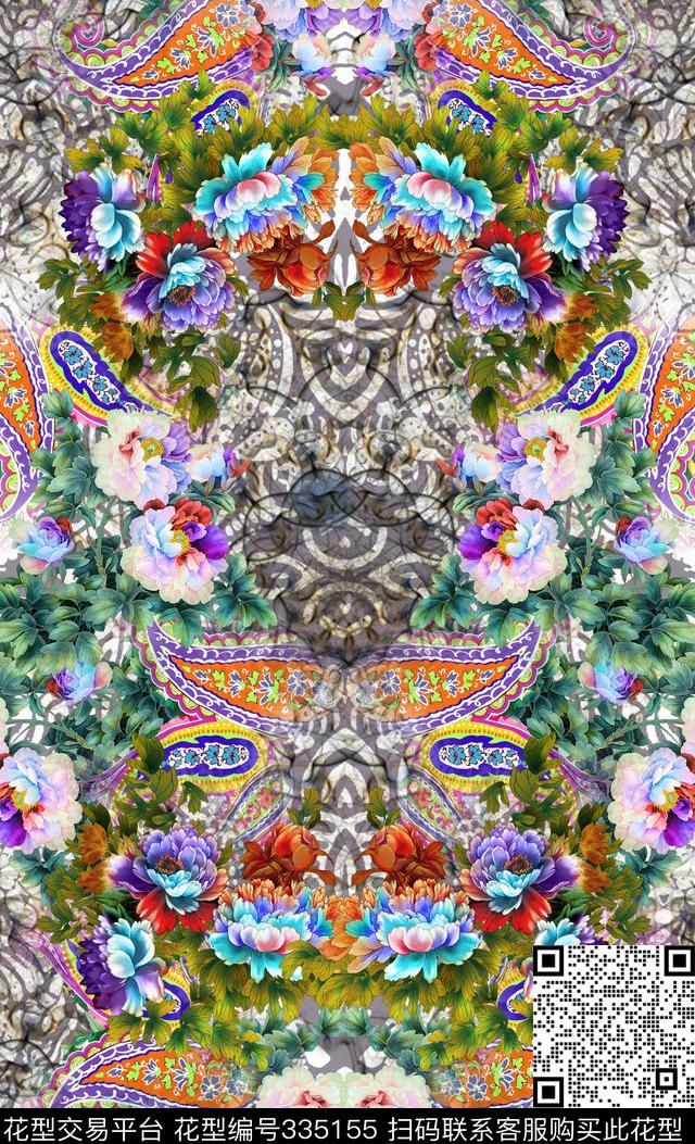 花卉抽象定位数码印花华亿平台下载（图片编号: 335155） - 瓦栏（Walan）