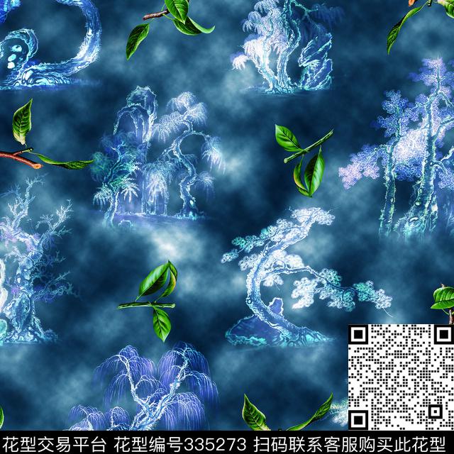 国画风格国画、柳树、树枝树叶数码印花华亿平台下载（图片编号: 335273） - 瓦栏（Walan）