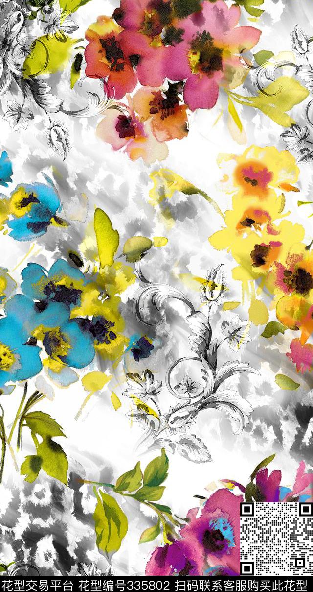 水彩花卉豹纹数码印花华亿平台下载（图片编号: 335802） - 瓦栏（Walan）