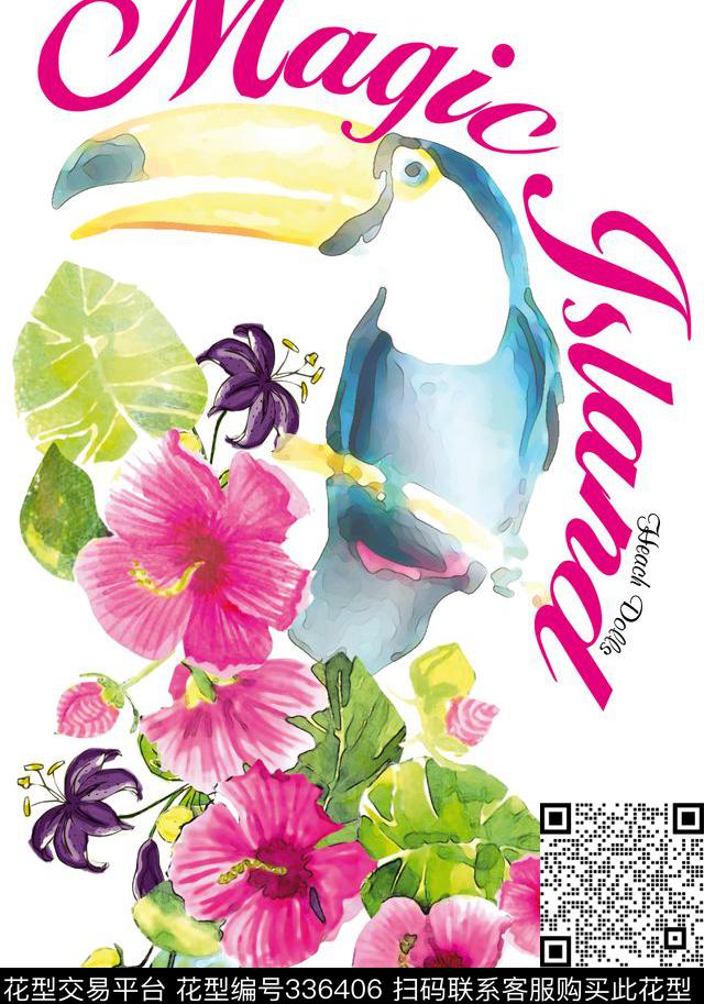 小清新花卉巨嘴鸟数码印花华亿平台下载（图片编号: 336406） - 瓦栏（Walan）