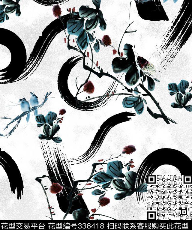 中国风笔触花卉数码印花华亿平台下载（图片编号: 336418） - 瓦栏（Walan）