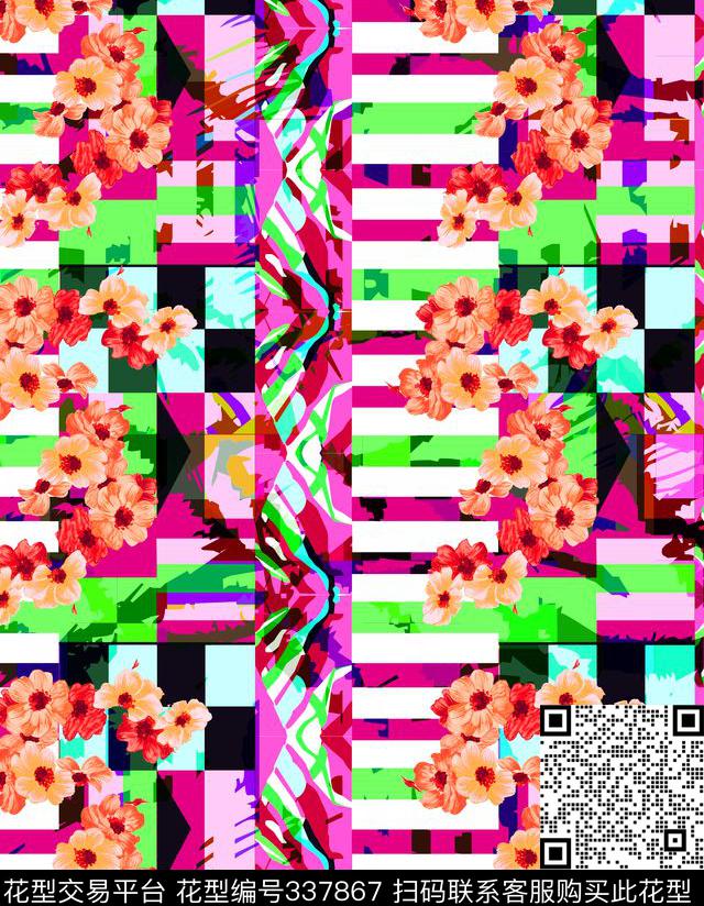 写意条纹色块花卉传统印花华亿平台下载（图片编号: 337867） - 瓦栏（Walan）