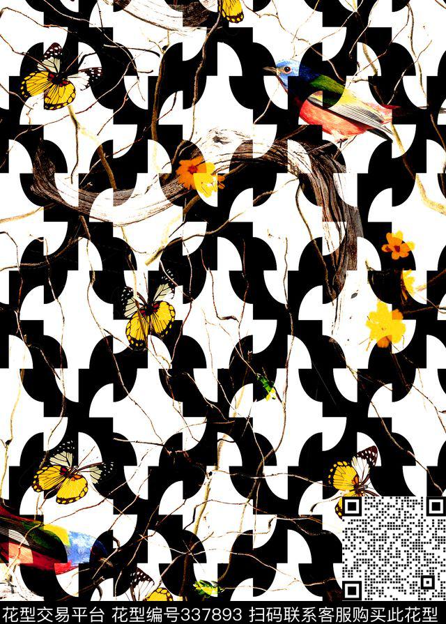 几何枝干花朵数码印花华亿平台下载（图片编号: 337893） - 瓦栏（Walan）