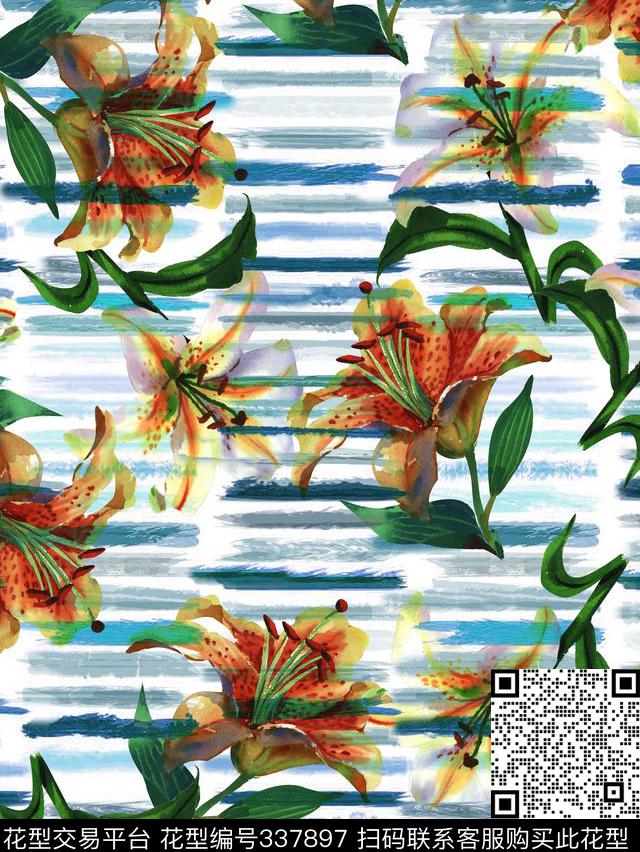 花卉百合花笔触条纹数码印花华亿平台下载（图片编号: 337897） - 瓦栏（Walan）