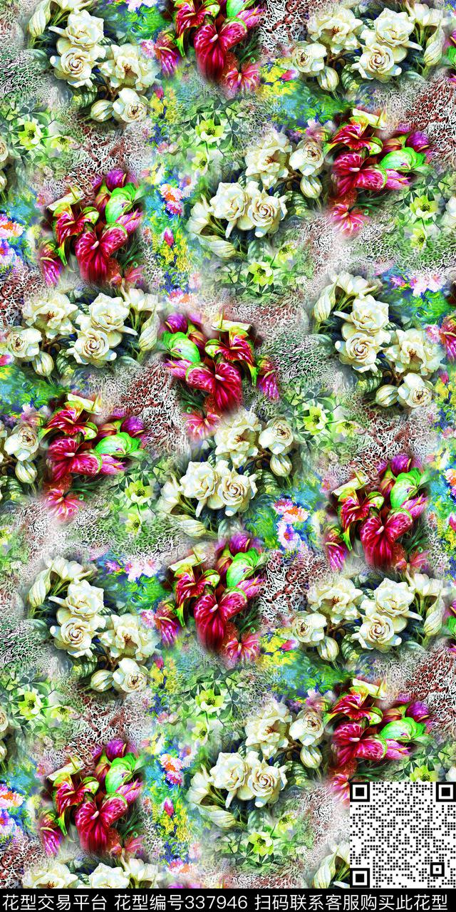 休闲基底手绘花卉数码印花华亿平台下载（图片编号: 337946） - 瓦栏（Walan）