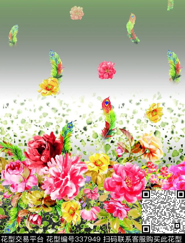 个性基底花卉手绘羽毛数码印花华亿平台下载（图片编号: 337949） - 瓦栏（Walan）
