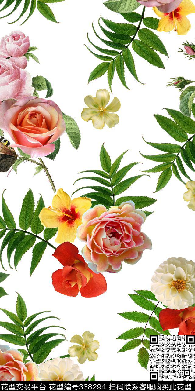 白底花草大气四分色（或加专色）数码印花华亿平台下载（图片编号: 338294） - 瓦栏（Walan）