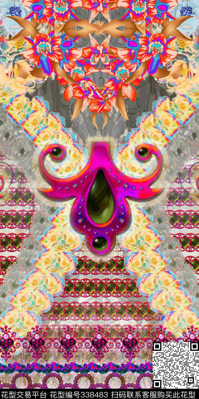 几何欧式风格花卉组合数码印花华亿平台下载（图片编号: 338483） - 瓦栏（Walan）