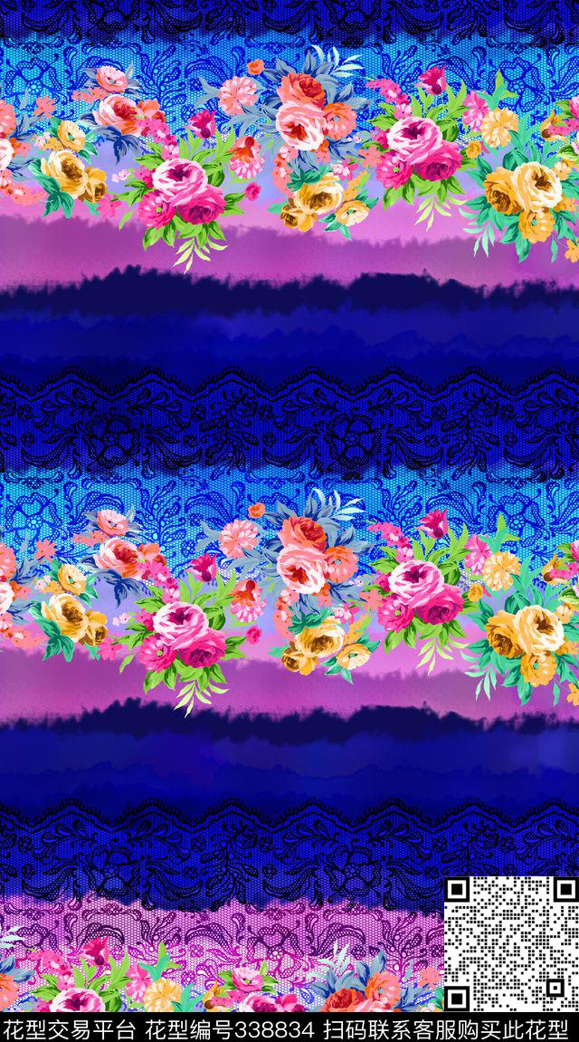 条纹田园水彩花卉数码印花华亿平台下载（图片编号: 338834） - 瓦栏（Walan）