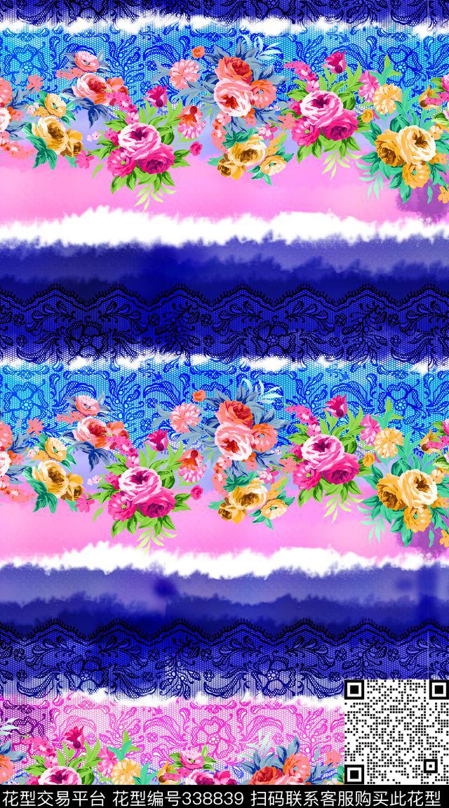 条纹田园水彩花卉数码印花华亿平台下载（图片编号: 338839） - 瓦栏（Walan）