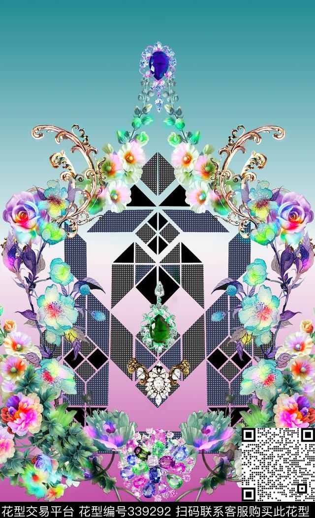 花卉几何定位数码印花华亿平台下载（图片编号: 339292） - 瓦栏（Walan）