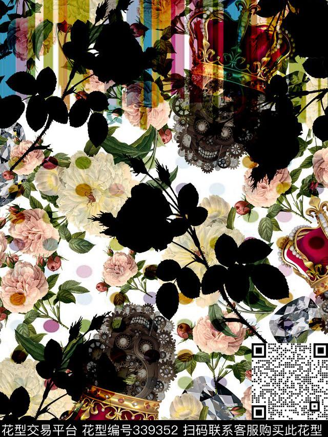 定位几何条纹花卉数码印花华亿平台下载（图片编号: 339352） - 瓦栏（Walan）