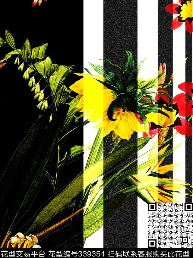 定位不规则条纹花卉数码印花华亿平台下载（图片编号: 339354） - 瓦栏（Walan）