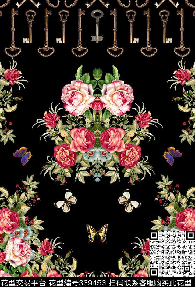 花卉定位对称数码印花华亿平台下载（图片编号: 339453） - 瓦栏（Walan）