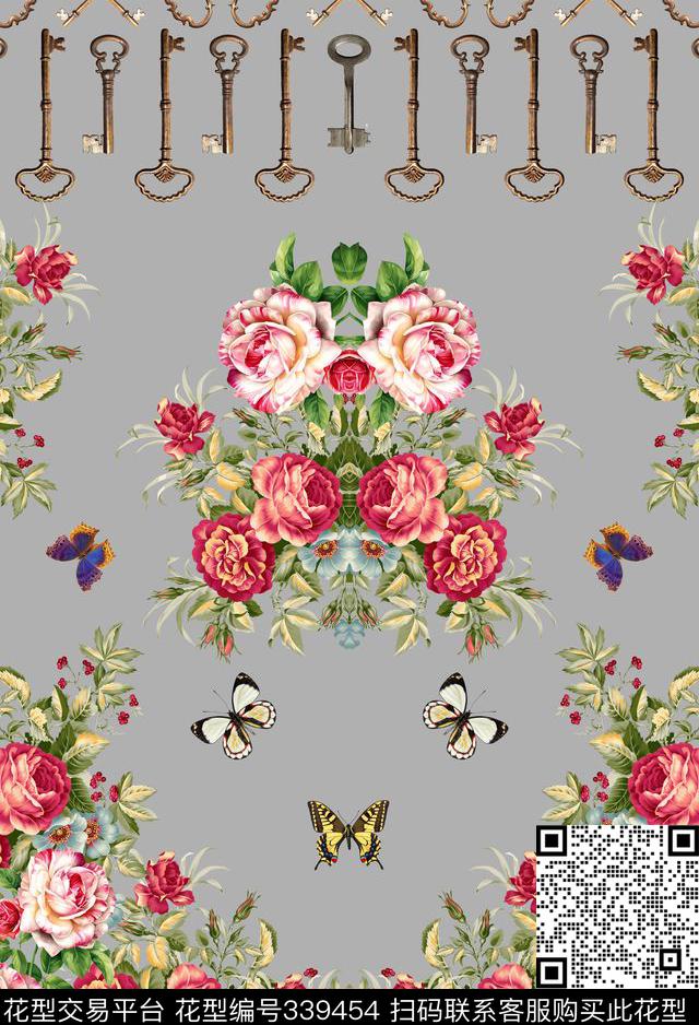 花卉定位对称数码印花华亿平台下载（图片编号: 339454） - 瓦栏（Walan）