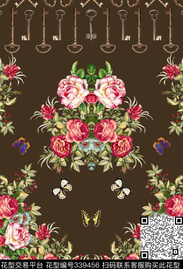 花卉定位对称数码印花华亿平台下载（图片编号: 339456） - 瓦栏（Walan）