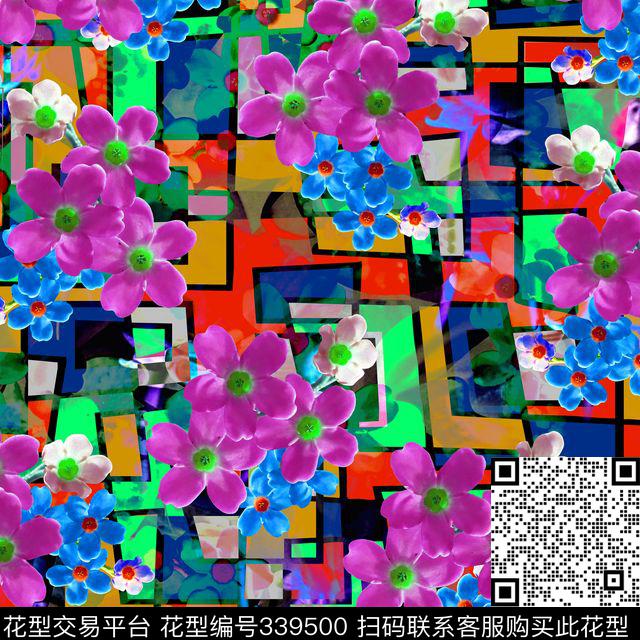 写意抽象花卉几何图案数码印花华亿平台下载（图片编号: 339500） - 瓦栏（Walan）