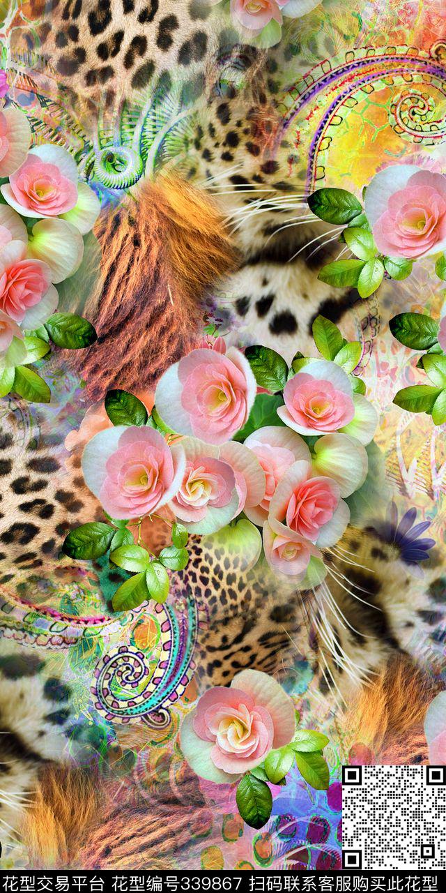 豹纹大气花卉数码印花华亿平台下载（图片编号: 339867） - 瓦栏（Walan）