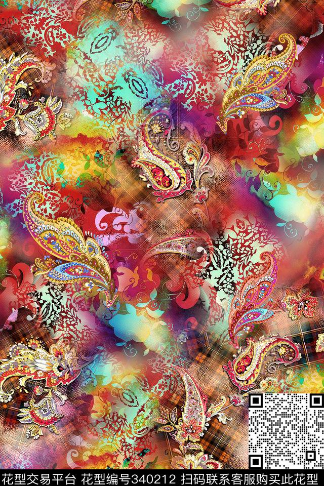 民族风格子几何数码印花华亿平台下载（图片编号: 340212） - 瓦栏（Walan）