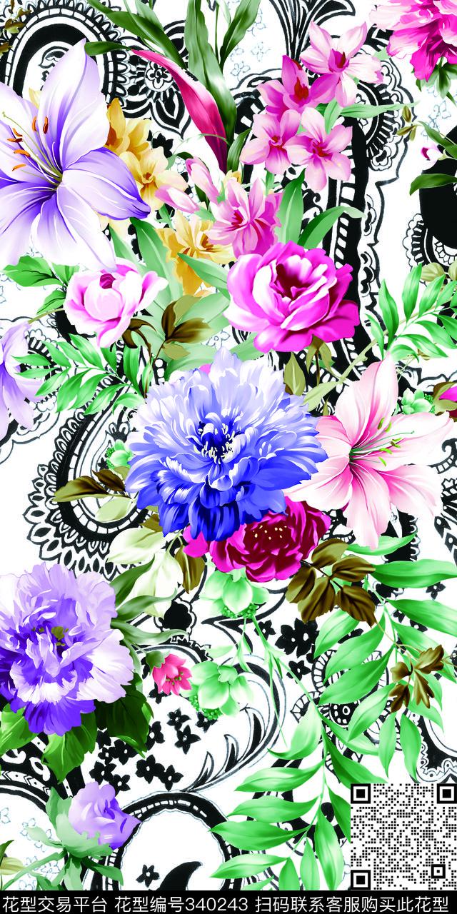 简约火腿纹手绘花卉数码印花华亿平台下载（图片编号: 340243） - 瓦栏（Walan）