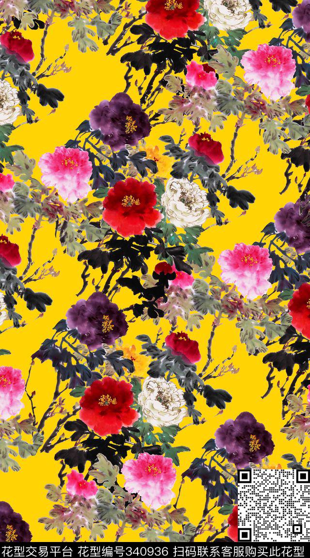 中国风手绘牡丹青花瓷风格数码印花华亿平台下载（图片编号: 340936） - 瓦栏（Walan）