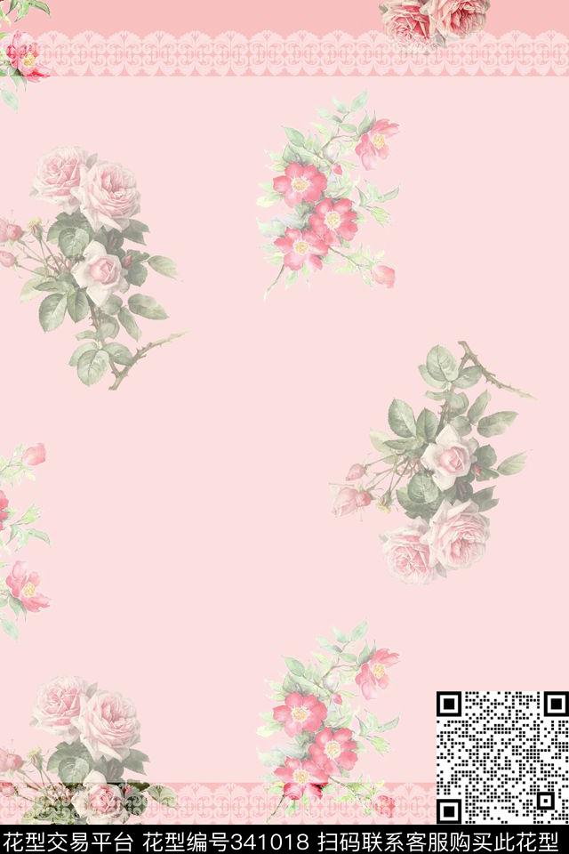 时尚蕾丝手绘花卉数码印花华亿平台下载（图片编号: 341018） - 瓦栏（Walan）