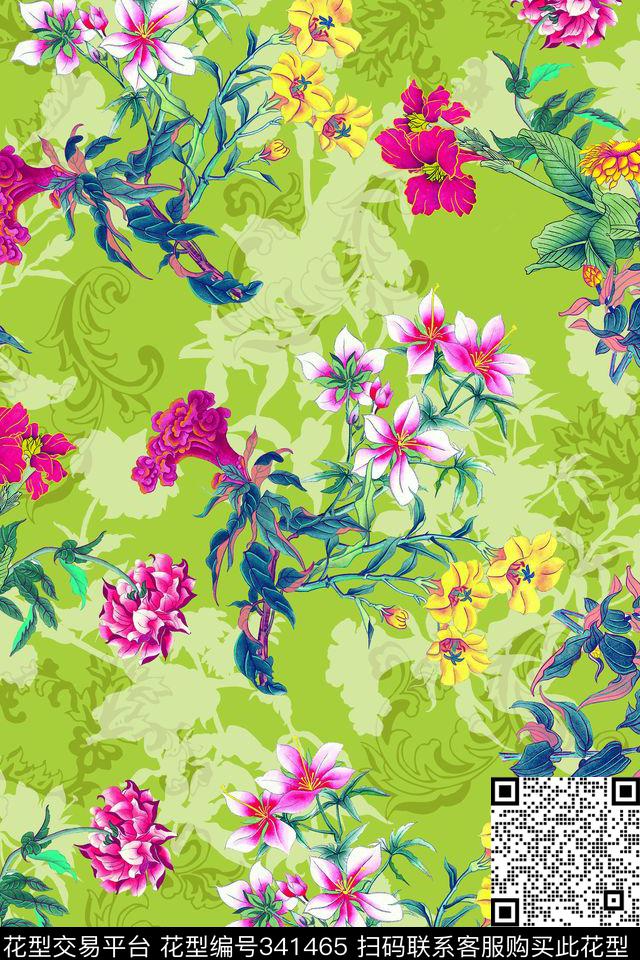 古典花卉中国风鸡冠花数码印花华亿平台下载（图片编号: 341465） - 瓦栏（Walan）
