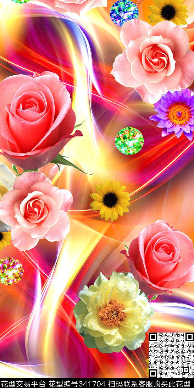 光炫美丽花卉四分色（或加专色）数码印花华亿平台下载（图片编号: 341704） - 瓦栏（Walan）