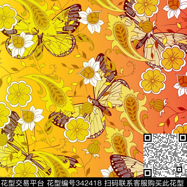 蝴蝶花卉佩兹利传统印花华亿平台下载（图片编号: 342418） - 瓦栏（Walan）