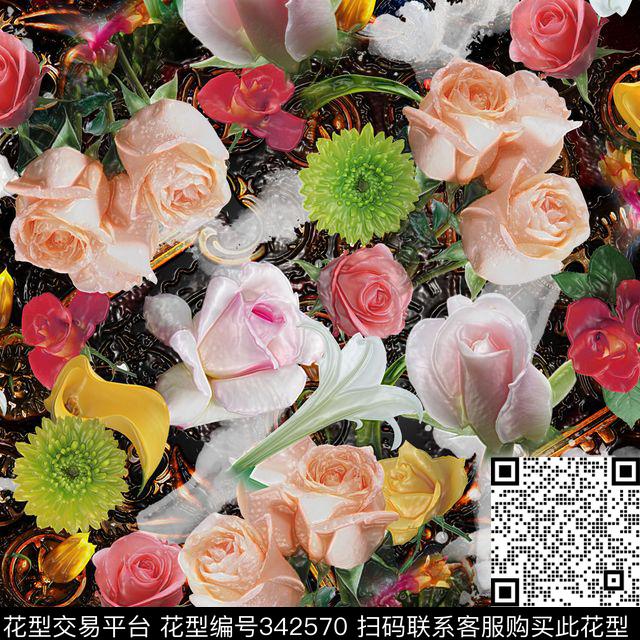 花玫瑰大牌数码印花华亿平台下载（图片编号: 342570） - 瓦栏（Walan）