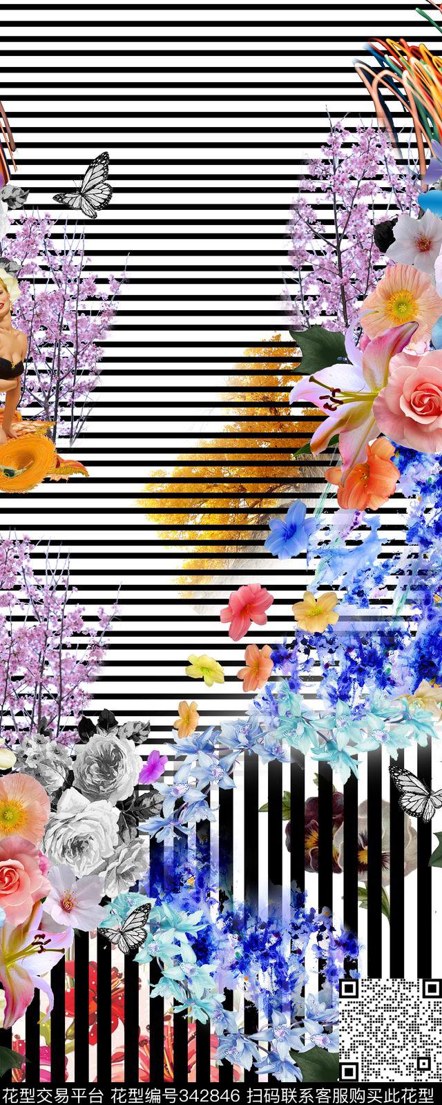 花卉蝴蝶定位数码印花华亿平台下载（图片编号: 342846） - 瓦栏（Walan）