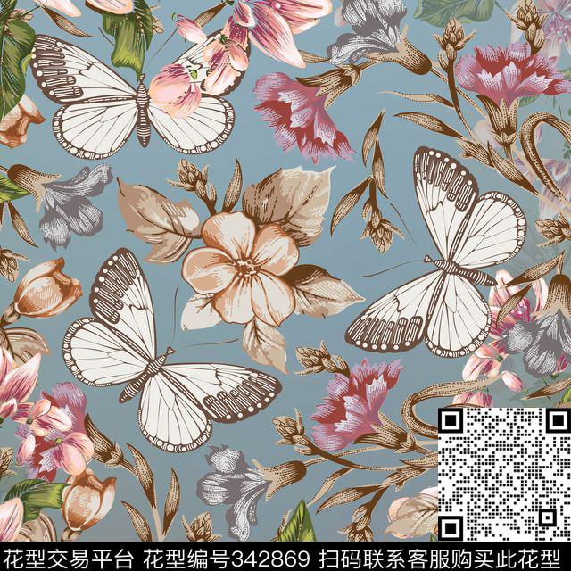 大花花卉蝴蝶数码印花华亿平台下载（图片编号: 342869） - 瓦栏（Walan）