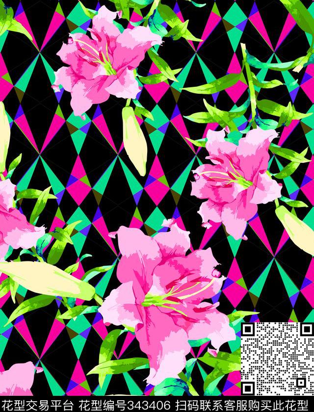 写意手绘花卉几何图案传统印花华亿平台下载（图片编号: 343406） - 瓦栏（Walan）