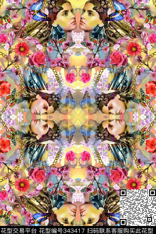 对称人像花卉数码印花华亿平台下载（图片编号: 343417） - 瓦栏（Walan）