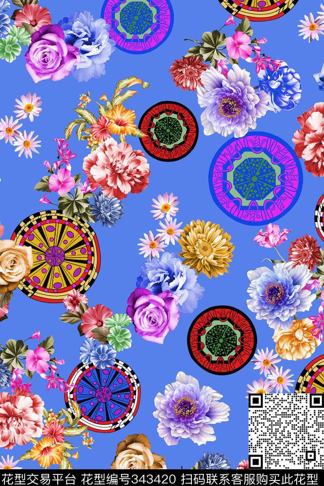花卉圆形几何数码印花华亿平台下载（图片编号: 343420） - 瓦栏（Walan）