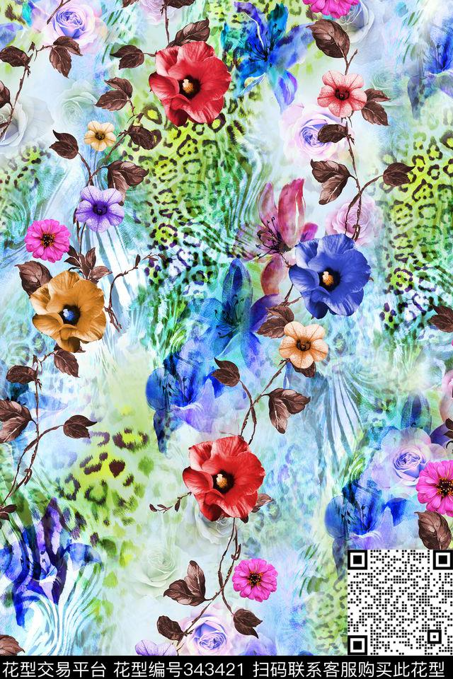 花卉手绘动物纹数码印花华亿平台下载（图片编号: 343421） - 瓦栏（Walan）