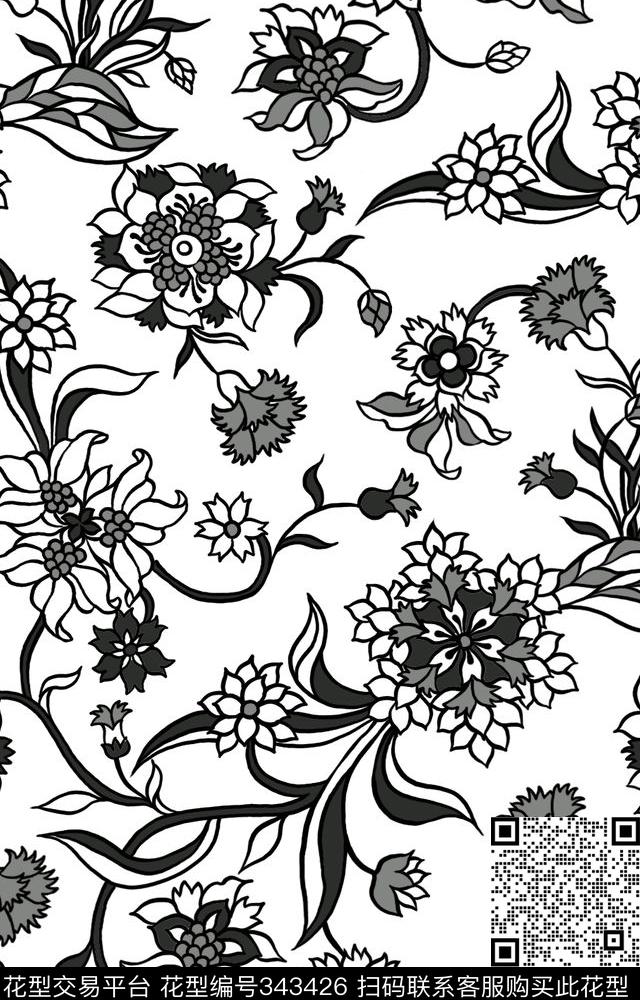 花卉提花黑白传统印花华亿平台下载（图片编号: 343426） - 瓦栏（Walan）