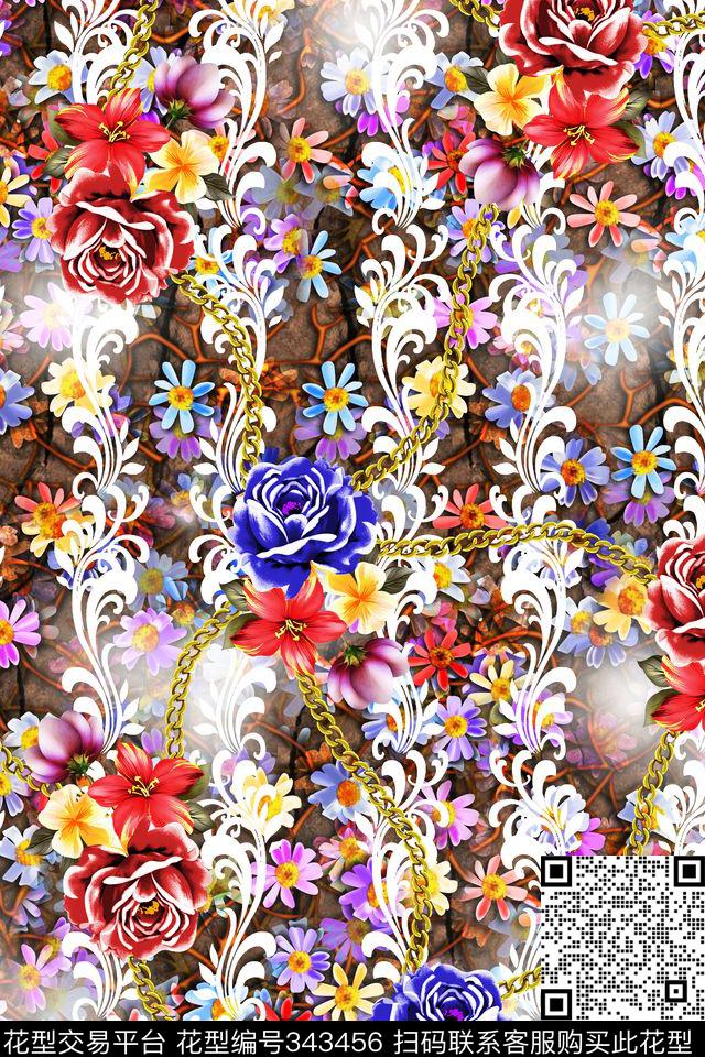 花卉手绘抽象数码印花华亿平台下载（图片编号: 343456） - 瓦栏（Walan）