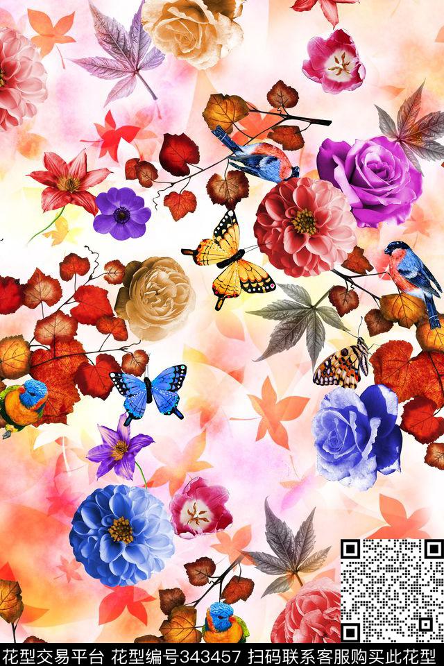 清新花卉枝条数码印花华亿平台下载（图片编号: 343457） - 瓦栏（Walan）