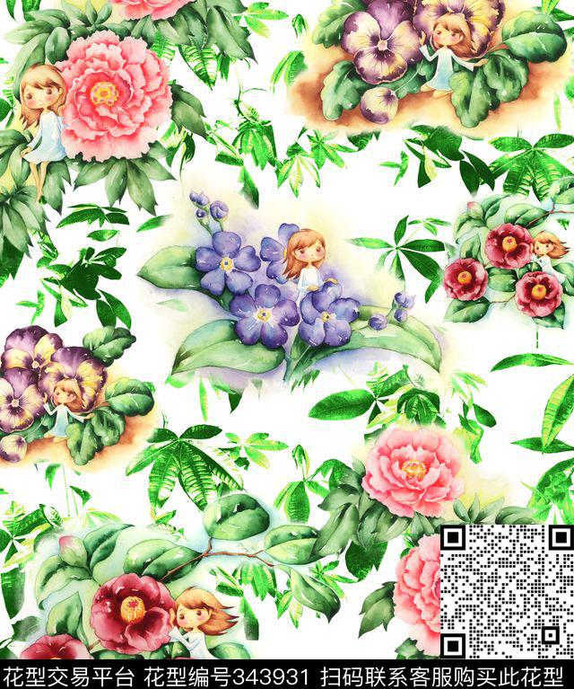 中国风叶子卡通人物花卉花卉-欧式花纹数码印花华亿平台下载（图片编号: 343931） - 瓦栏（Walan）