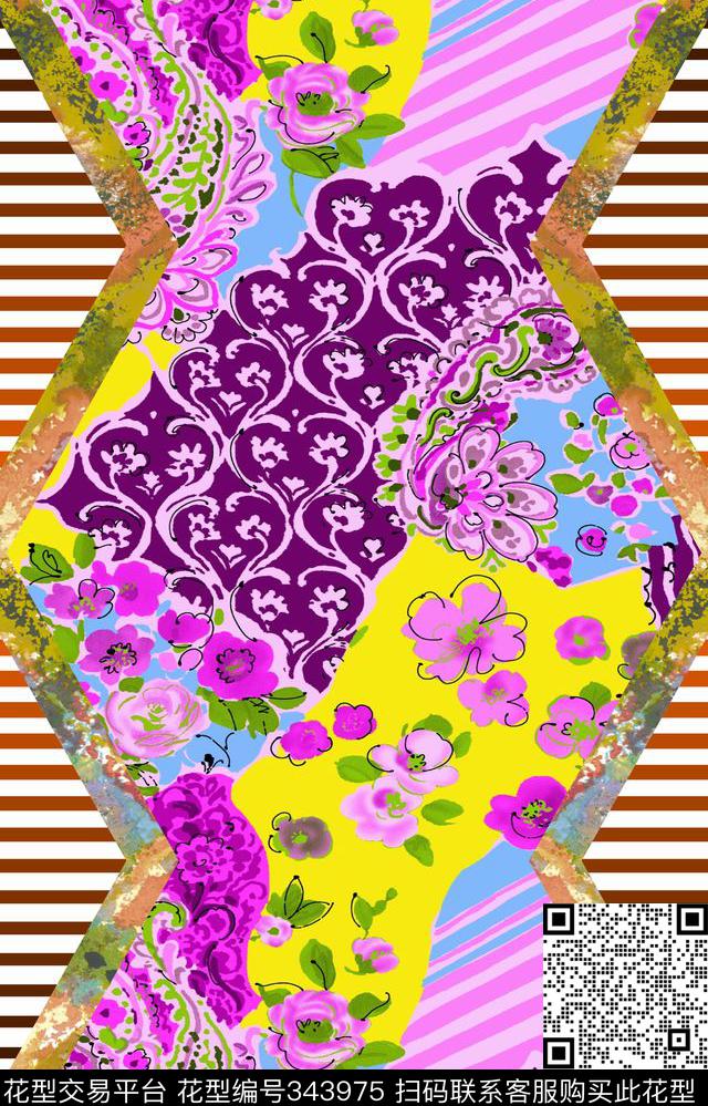 间条花卉间条定位数码印花华亿平台下载（图片编号: 343975） - 瓦栏（Walan）