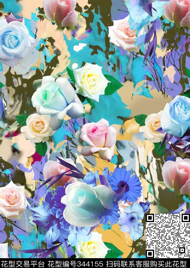 花抽象喷溅数码印花华亿平台下载（图片编号: 344155） - 瓦栏（Walan）