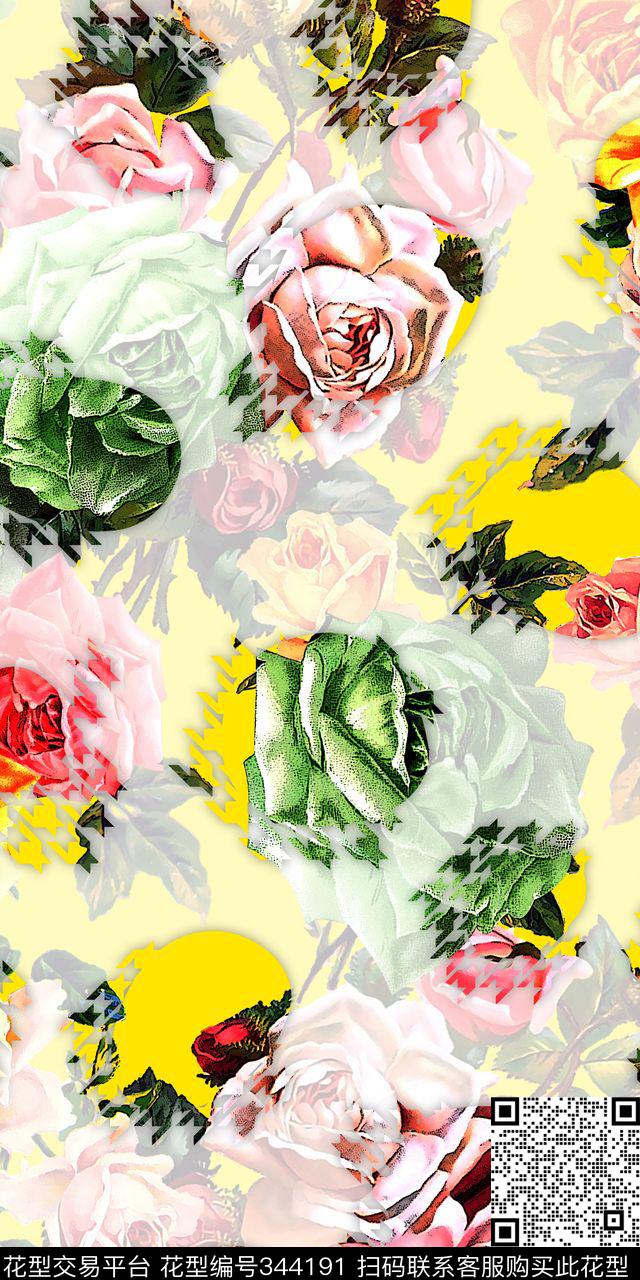 花朵玫瑰抽象数码印花华亿平台下载（图片编号: 344191） - 瓦栏（Walan）