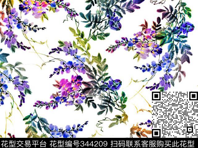 枝条花卉中国风数码印花华亿平台下载（图片编号: 344209） - 瓦栏（Walan）