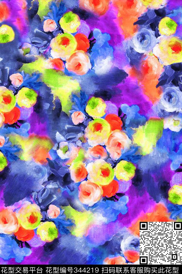 抽象花卉手绘数码印花华亿平台下载（图片编号: 344219） - 瓦栏（Walan）